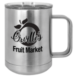 A Stainless Steel Metal Coffee Mug With Black Engraving