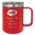 A Double insulated Red Coffee Mug With an Image of Lips