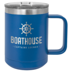 A Blue Metal Coffee Mug With Black Engraved Writings