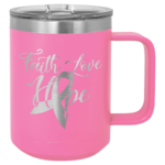 A Pink Double Insulated Coffee Mug With Silver Engraving