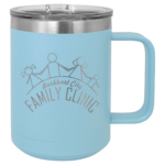 A Coffee Mug With Silver Engraving in Light Blue