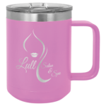 A Metal Coffee Mug With Black Engraving in Radium Pink