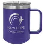 A Metal Coffee Mug With Black Engraving in Royal Blue