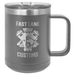A Grey Double Insulated Coffee Mug With Silver Engraving