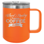 An Orange Double Insulated Coffee Mug With Silver Engraving