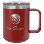 A Maroon Double Insulated Coffee Mug With Silver Engraving