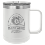 A White Double Insulated Coffee Mug With Silver Engraving