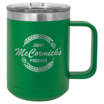 A Green Double Insulated Coffee Mug With Silver Engraving