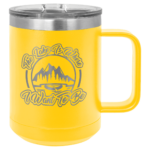 A Yellow Double Insulated Coffee Mug With Silver Engraving