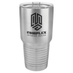 A Metal Tumbler With Complex Engraved With Logo