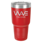 A Metal Tumbler With Tavern Engraved With Logo in Red