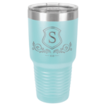 A Double Insulated Metal Tumbler Engraved With Logo in Aqua