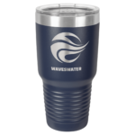 A Double Insulated Navy Blue Tumbler Engraved With the Logo